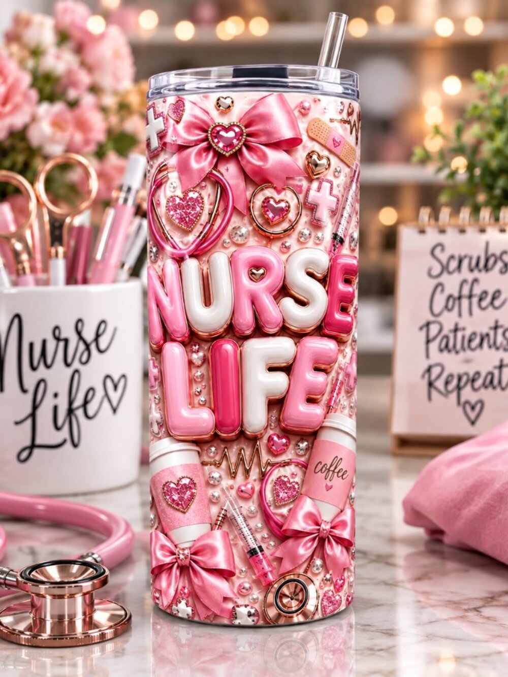 Pink Nurse 20oz Tumbler, Skinny Nurse Gift, RN Tumbler, Medical Worker Cup